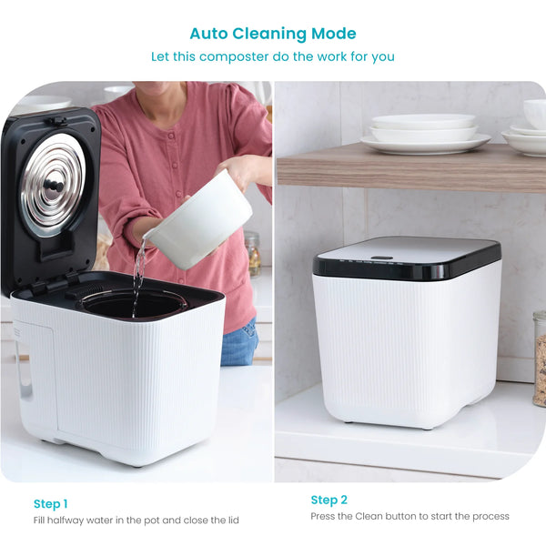 Wudy electric composter side profile — minimal white design, kitchen lifestyle