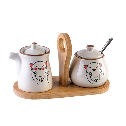 Ceramic Seasoning & Sauce Jar Set with Bamboo Base – Hand-Painted Design
