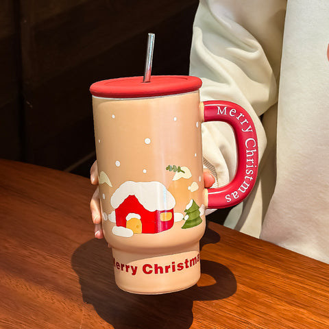 Christmas Ceramic Mug 800ml – Large Festive Cartoon Cup with Straw