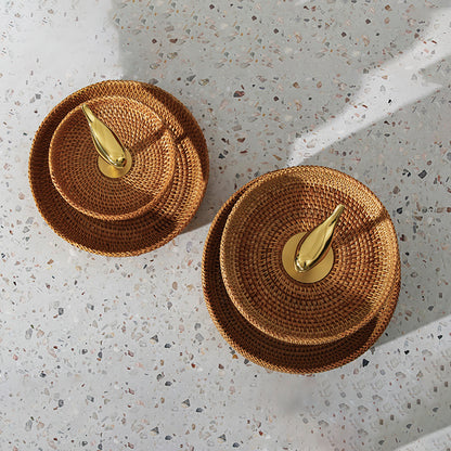 Wudy Brass Bird 2-Tier Stand | Handwoven Rattan Luxury