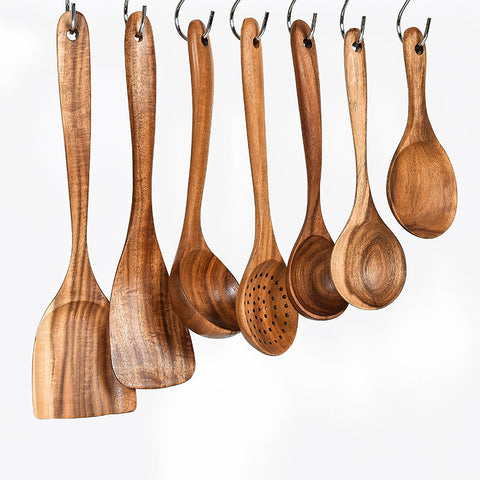 8-Piece Natural Wooden Cooking Utensil Set — Heat-Resistant Teak Wood Spoon