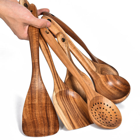 8-Piece Natural Wooden Cooking Utensil Set — Heat-Resistant Teak Wood Spoon
