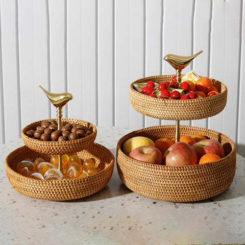 Brass Bird Rattan Fruit Stand – 2-Tier Natural Vietnamese Woven Basket