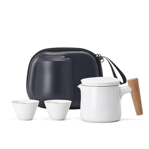 Wudy Kitchen — Ceramic Travel Tea Set with Infuser and Wooden Handle Teapot