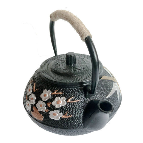 800ml Black Cast Iron Tea Kettle with Floral Art