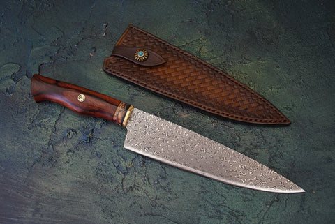 Handmade Damascus Chef’s Knife with Desert Ironwood & Mammoth Fossil Handle