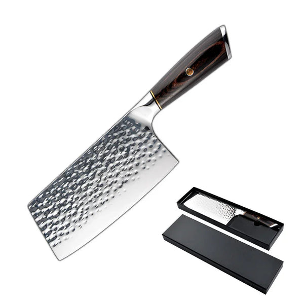 Wudy Kitchen Wudy Hammered Stainless Steel Kitchen Knife — hammered stainless steel, non-stick blade — in-use detail shot
