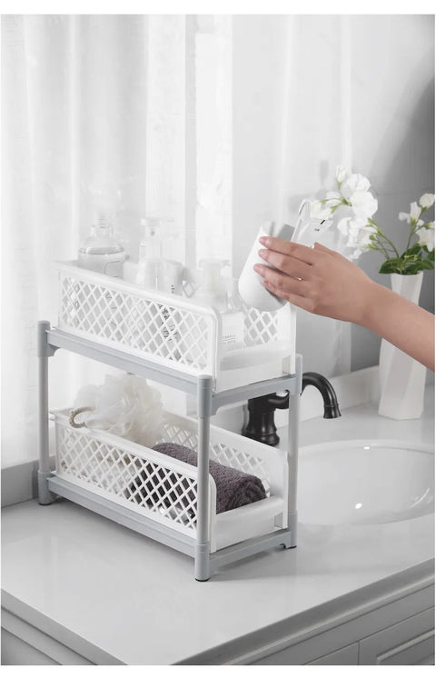 2-Tier Sliding Multi-Purpose Organizer - Double-Layer Breathable Mesh Storage Drawer for Kitchen