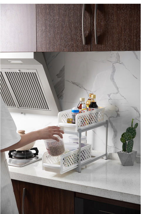 2-Tier Sliding Multi-Purpose Organizer - Double-Layer Breathable Mesh Storage Drawer for Kitchen