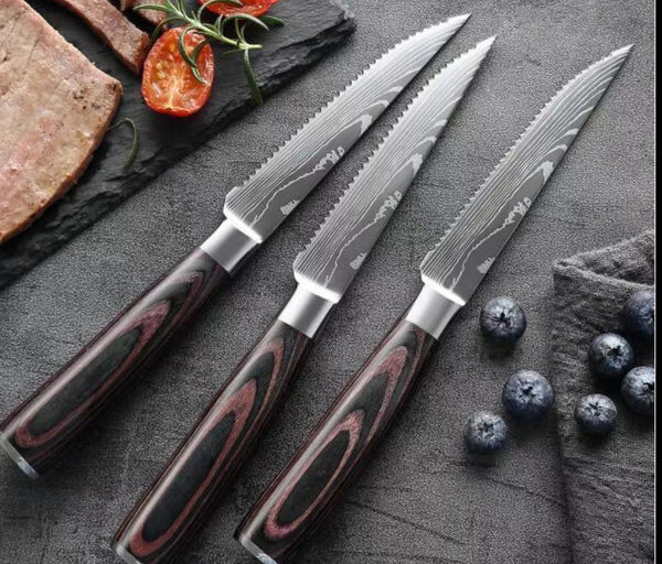 Wudy Kitchen — Damascus Serrated Steak Knife (1–10 pcs Set)