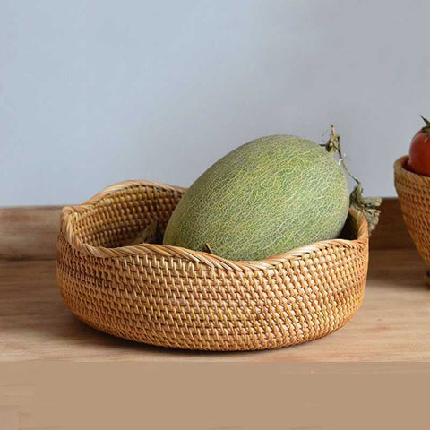 Handwoven Natural Rattan Wavy-Edge Serving Basket