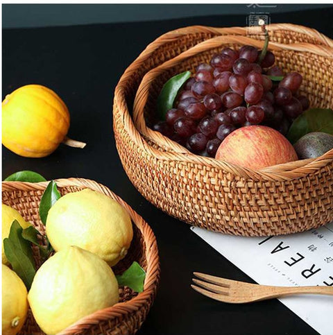 Handwoven Natural Rattan Wavy-Edge Serving Basket