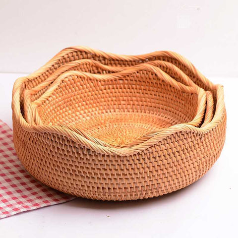 Handwoven Natural Rattan Wavy-Edge Serving Basket