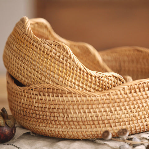 Handwoven Natural Rattan Wavy-Edge Serving Bowls