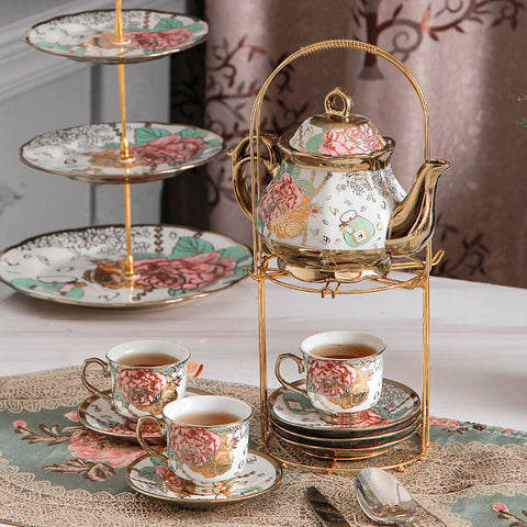 Palace Style Luxury Tea Set with Stand (1 Pot + 6 Cups)