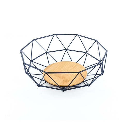 Nordic Geometric Metal Fruit Basket – Black Wire & Bamboo Base Decorative Bowl