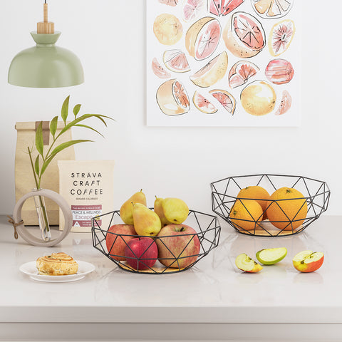 Nordic Geometric Metal Fruit Basket – Black Wire & Bamboo Base Decorative Bowl