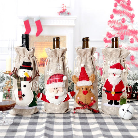 Rustic Christmas Wine Bottle Bag – Santa, Reindeer & Snowman Gift Wrap
