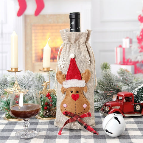 Rustic Christmas Wine Bottle Bag – Santa, Reindeer & Snowman Gift Wrap