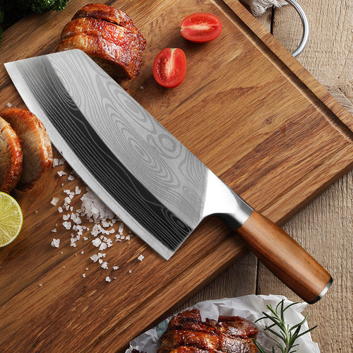 Laser Damascus Pattern Slicing Knife – Wood Handle