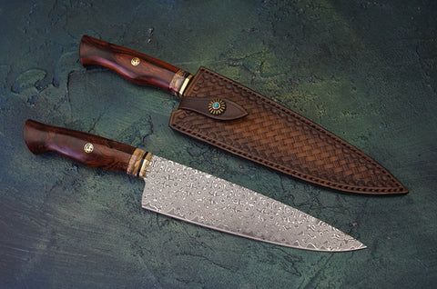 Handmade Damascus Chef’s Knife with Desert Ironwood & Mammoth Fossil Handle
