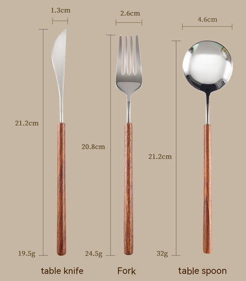 Stainless Steel Western Tableware Set with Retro Rosewood Handles – Knife, Fork & Spoon