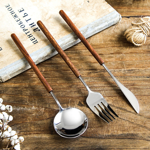 Stainless Steel Western Tableware Set with Retro Rosewood Handles – Knife, Fork & Spoon