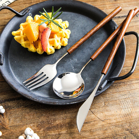 Stainless Steel Western Tableware Set with Retro Rosewood Handles – Knife, Fork & Spoon