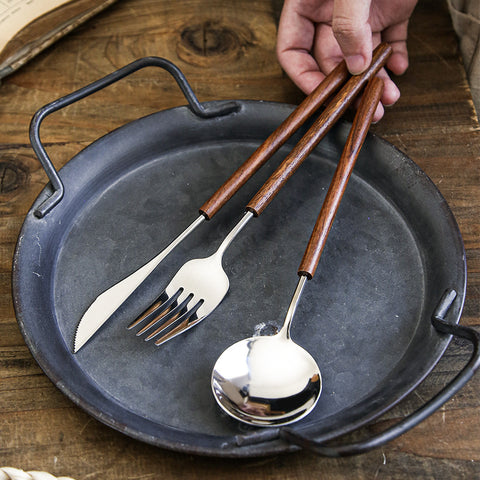 Stainless Steel Western Tableware Set with Retro Rosewood Handles – Knife, Fork & Spoon