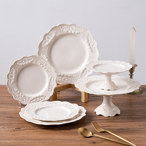 Vintage Embossed Porcelain Cake & Dessert Plate – Elegant Lace Ceramic Tableware