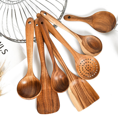 8-Piece Natural Wooden Cooking Utensil Set — Heat-Resistant Teak Wood Spoon