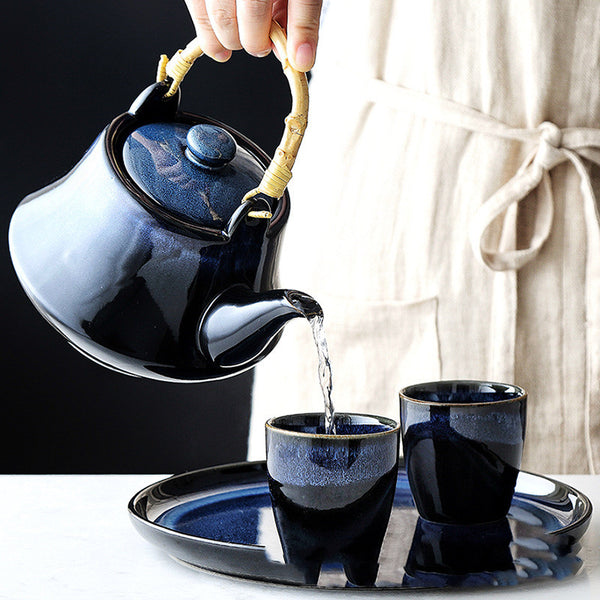 Wudy Kitchen — Ceramic Tea Set – Teapot with Bamboo Handle & Cups