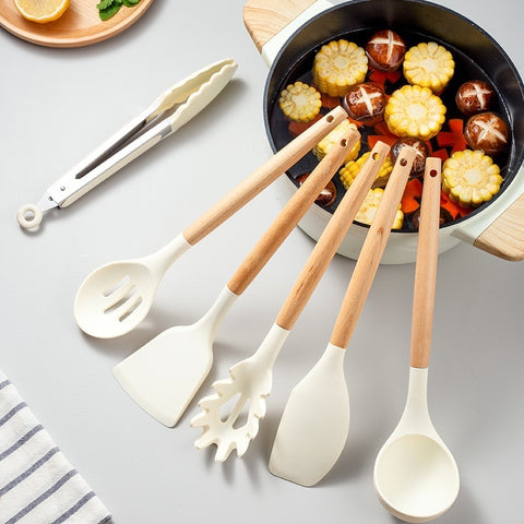 Heat-Resistant Wooden Handle Silicone Kitchenware Set