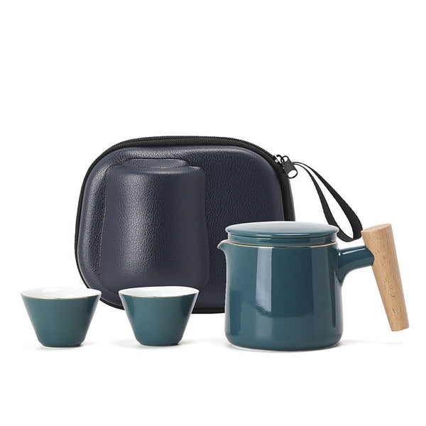Wudy Kitchen — Ceramic Travel Tea Set with Infuser and Wooden Handle Teapot