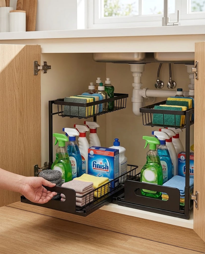 2-Tier Wire Pull Out Cabinet Under Sink Organizer Drawer Basket 2PCS