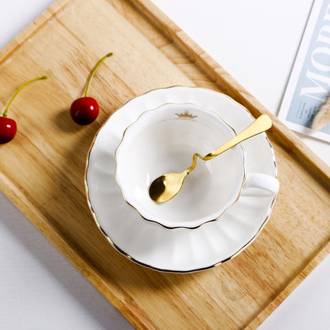 Porcelain Cup & Saucer Set – Scalloped Edge, Gold Rim