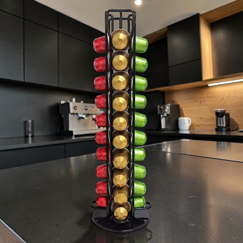 Silver 40Pcs Nespresso Capsule Holder Rotating Stand 360 Degree Rotatable Shelf Caffee Organiser for Storage for Coffee Capsules