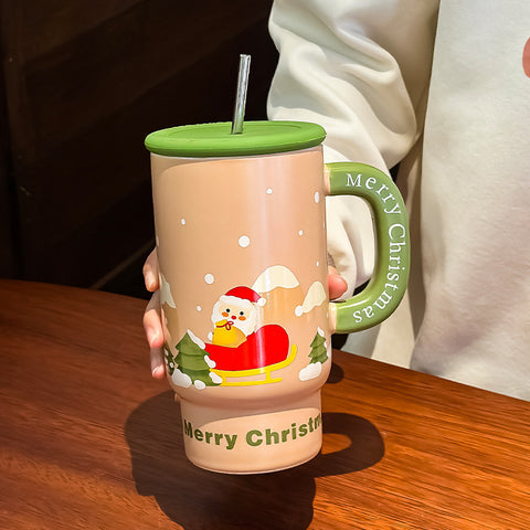 Christmas Ceramic Mug 800ml – Large Festive Cartoon Cup with Straw