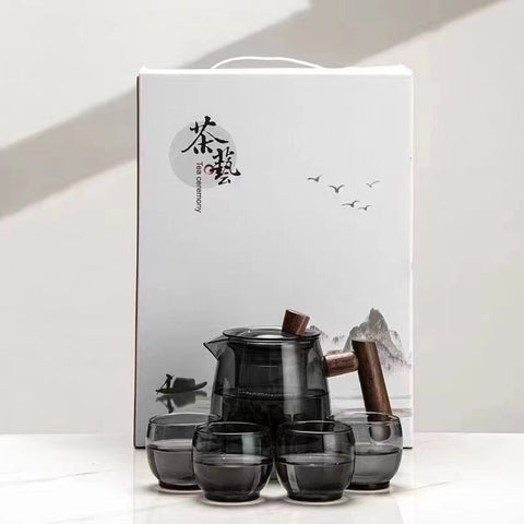 Smoky Borosilicate Glass Teapot – Wooden Handle Modern Minimalist