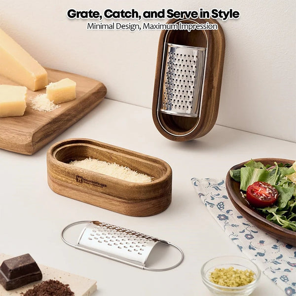 Cheese Grater with Wooden Container 304 Stainless Steel Cheese Grater Box Kitchen Parmesan Zester Cheese Grater Shredder JT