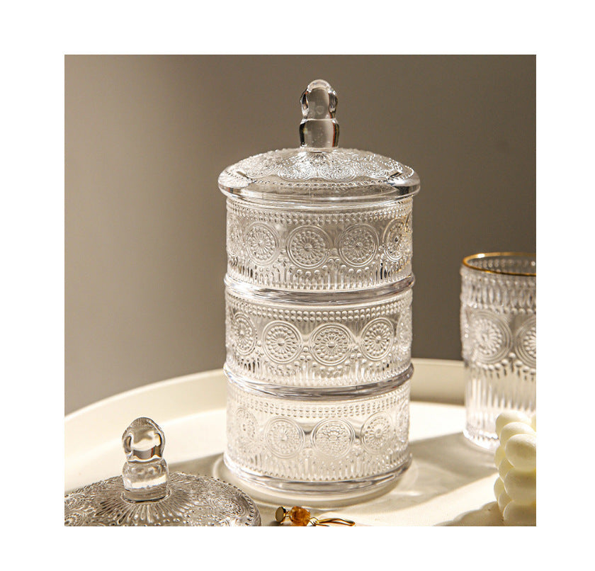 Wudy European 3-Tier Jar | Embossed Glass Organizer
