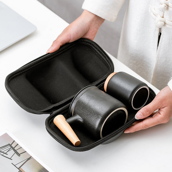 Wudy Kitchen — Ceramic Travel Tea Set with Infuser and Wooden Handle Teapot