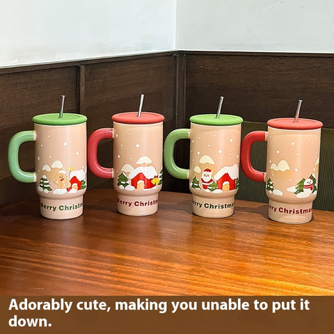 Christmas Ceramic Mug 800ml – Large Festive Cartoon Cup with Straw