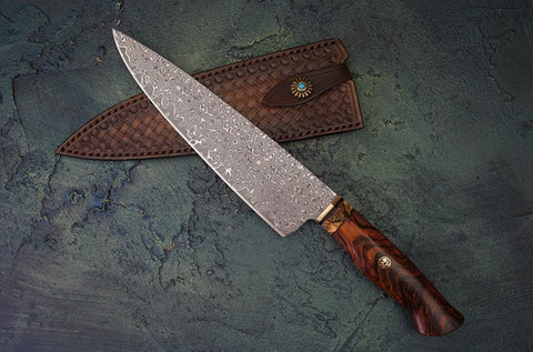 Handmade Damascus Chef’s Knife with Desert Ironwood & Mammoth Fossil Handle