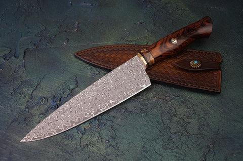 Handmade Damascus Chef’s Knife with Desert Ironwood & Mammoth Fossil Handle