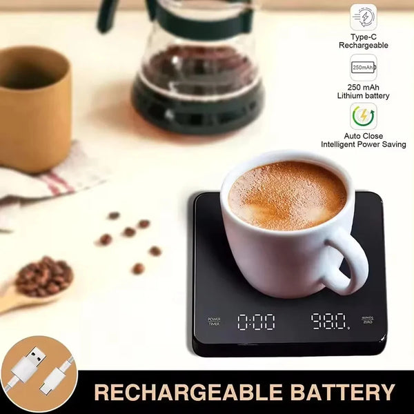 Rechargeable Coffee Scale - 0.1G Precision, 3Kg Capacity, Timer, LED Display, USB Charging for Espresso & Kitchen Use