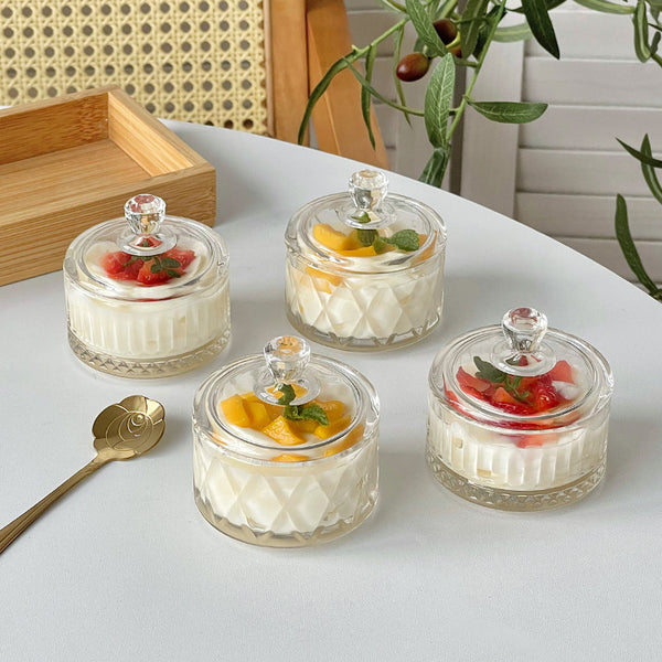 Wudy Kitchen Wudy Glass Dessert Cup Set — lead-free glass, Japanese pattern — hero view on marble countertop