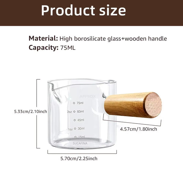 1Pc Glass Measuring Cup Wood Handle Glass Espresso Measuring Cup Double Single Mouth Milk Coffee Clear Mug Coffee Supplies