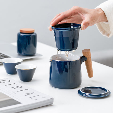 Ceramic Travel Tea Set with Infuser and Wooden Handle Teapot