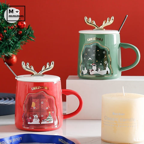Christmas Antler Ceramic Mug 400ml – Festive Coffee Cup with Lid & Spoon